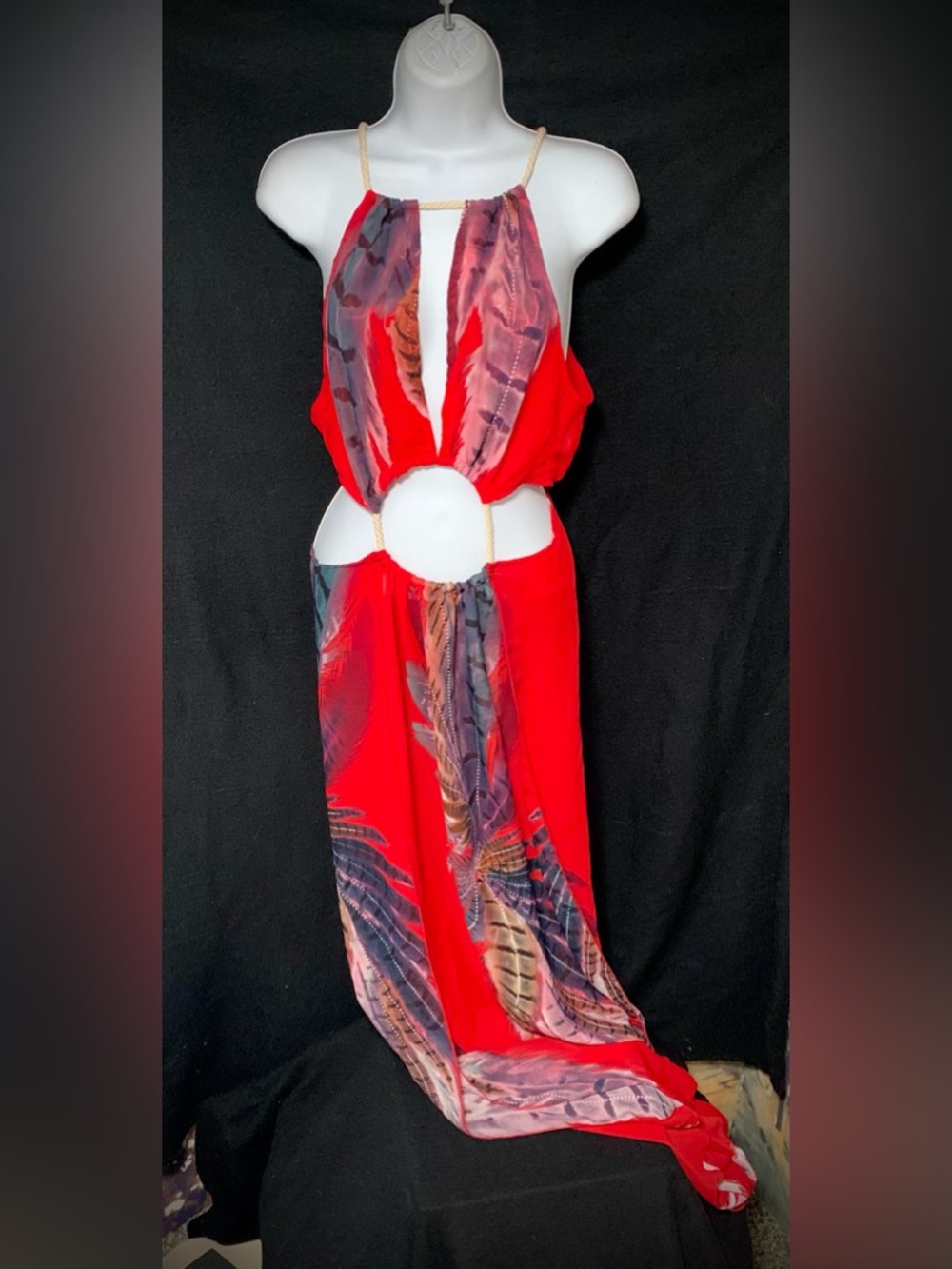 BIUBIU Red Cutout Halter Maxi Dress Rope Strap Open Waist L NWT